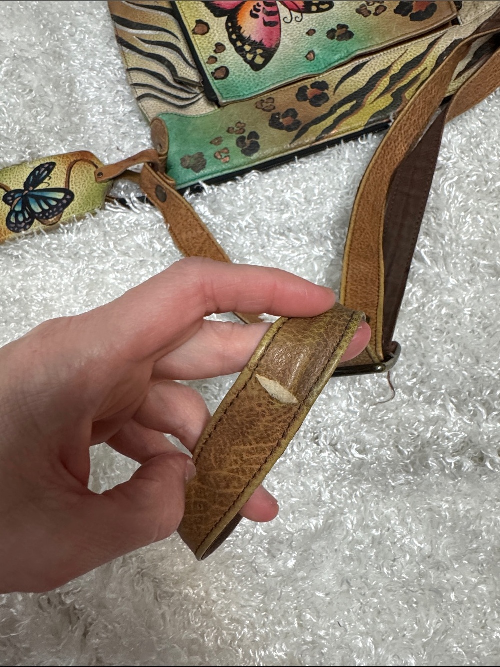 Anuschka Hand-Painted Multicolor Butterfly Crossbody Bag with Brown Strap - Picture 5 of 10